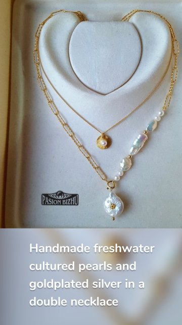 Handmade freshwater cultured pearls and goldplated silver in a double necklace